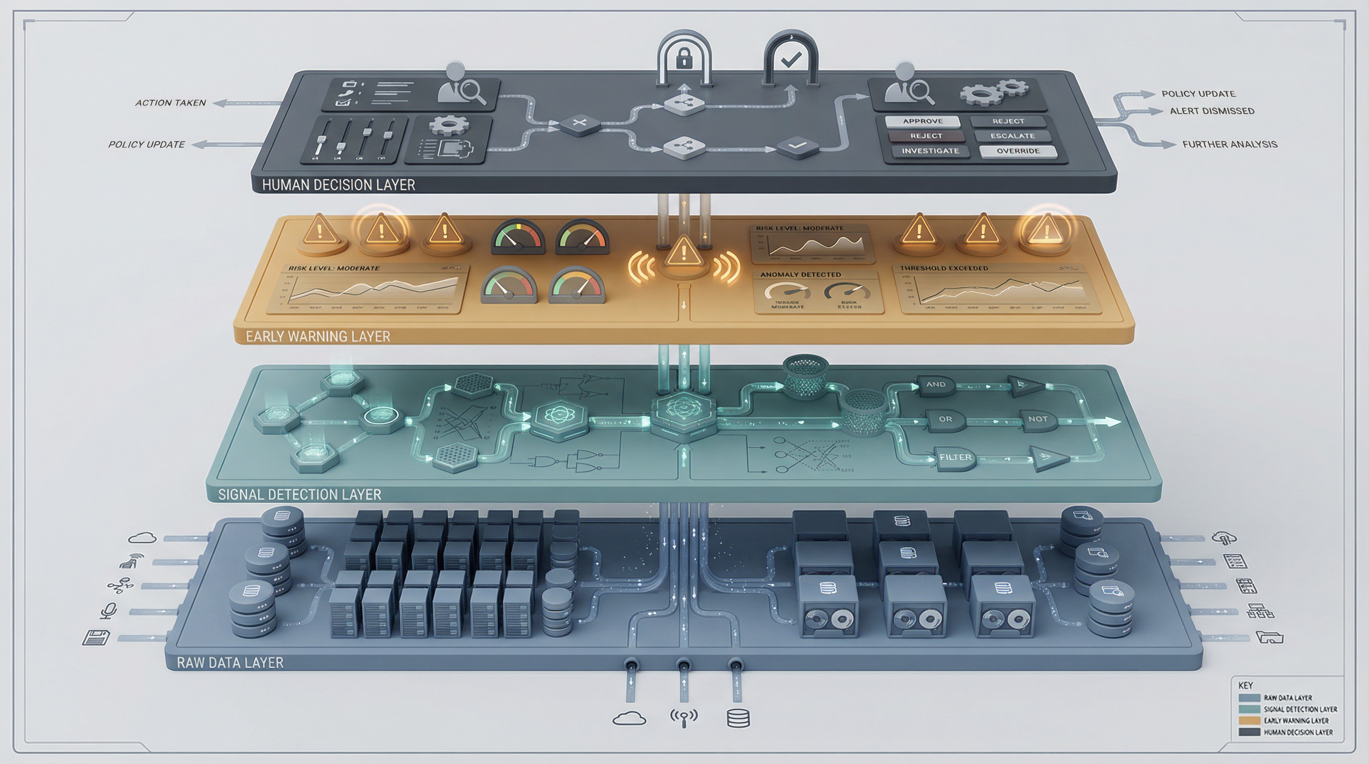 Layered Decision Intelligence System - Raw Data, Signal Detection, Early Warning, and Human Decision Layers