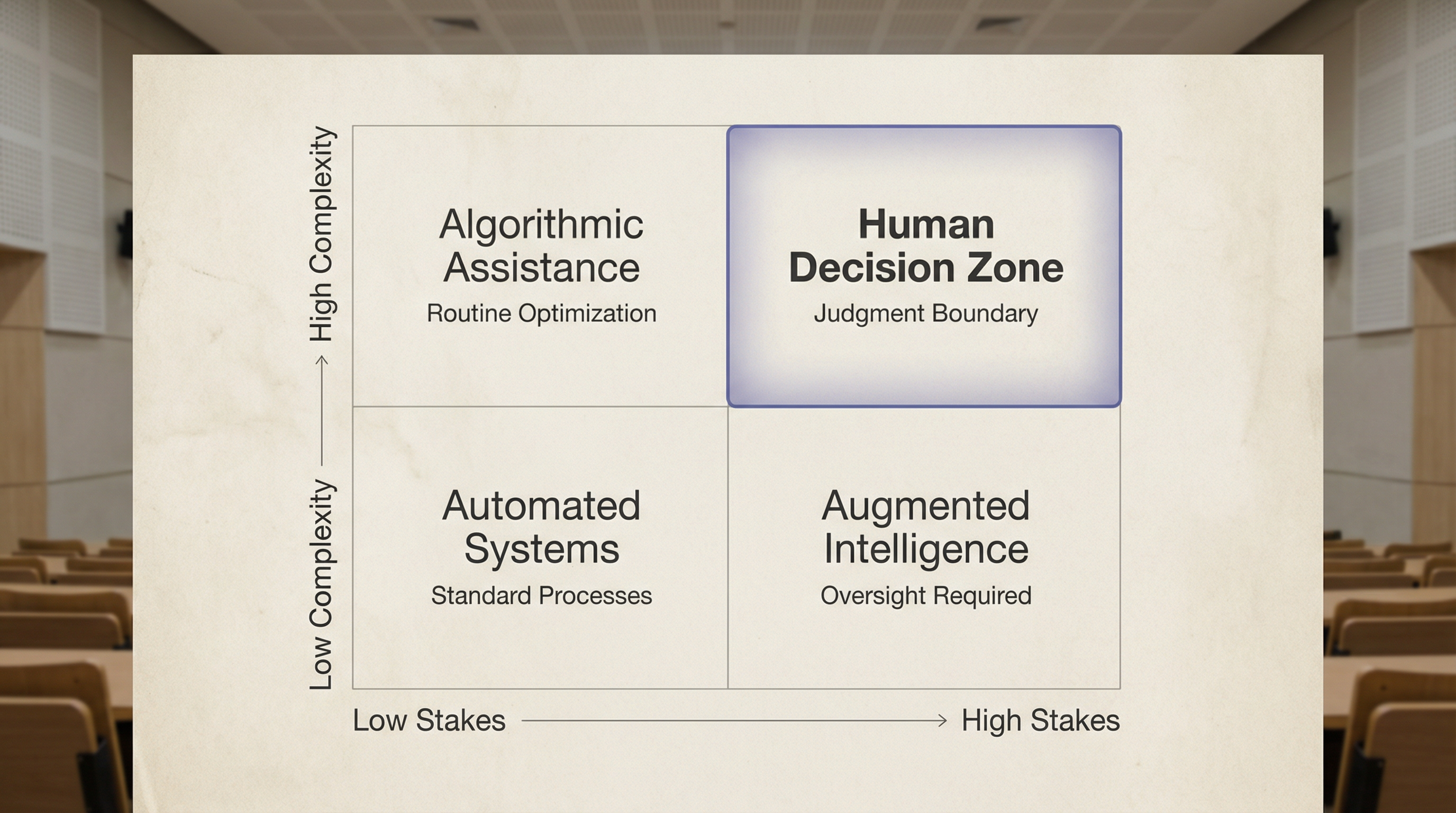 Judgment Boundary Framework: 2x2 grid showing Low/High Stakes vs Low/High Complexity, with Human Decision Zone emphasized