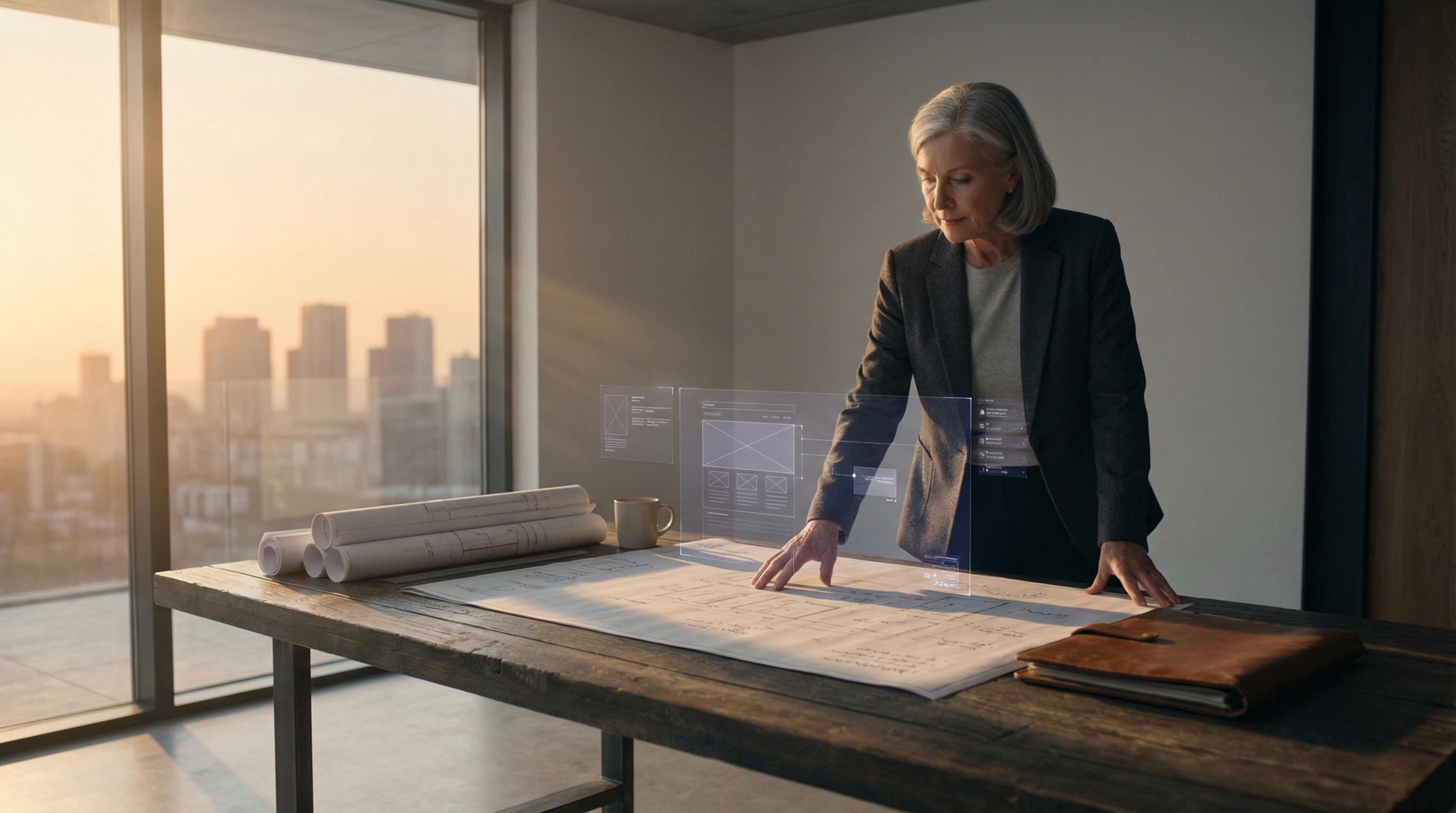 Professional workspace at dawn